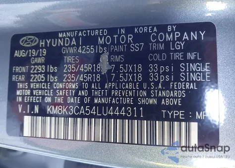 2020 Hyundai Kona Limited z USA, uszkodzony, nr VIN KM8K3CA54LU444311